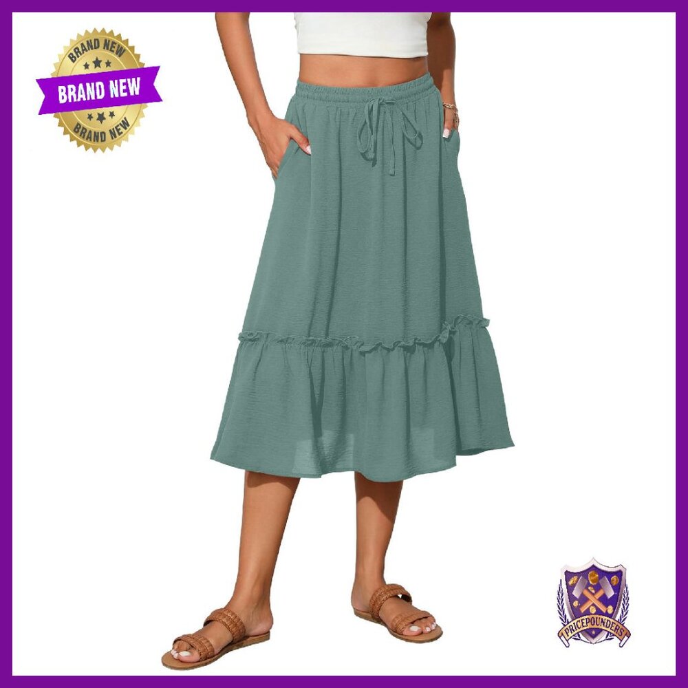 High Waist Tiered Midi Skirt With Pockets - Flowy Below Knee Casual